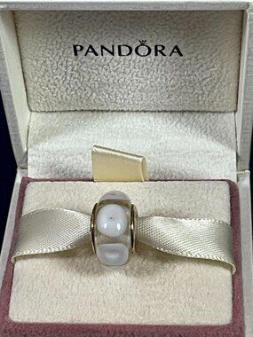 Pandora Authentic 14K Gold White Mystic Glass Murano Charm 750406